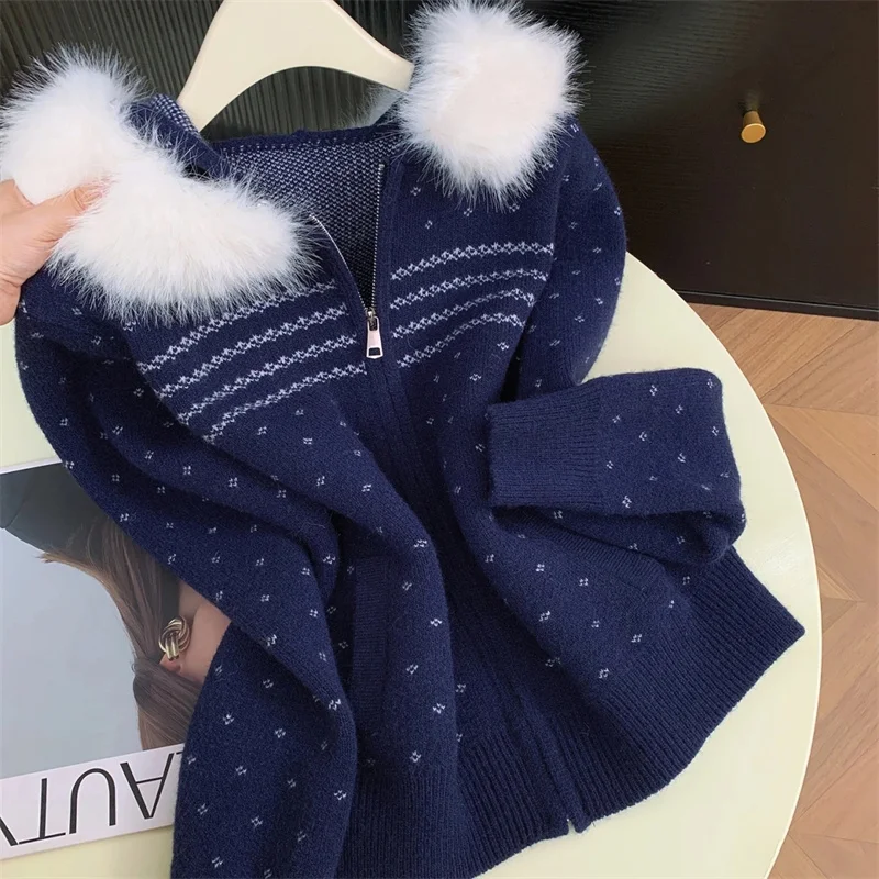 Fashion Hooded Fur Collar Zipper Sweater Jacket Women's Knitted Sweater Autumn Winter New Retro Style Thick Short Coat Knitwear