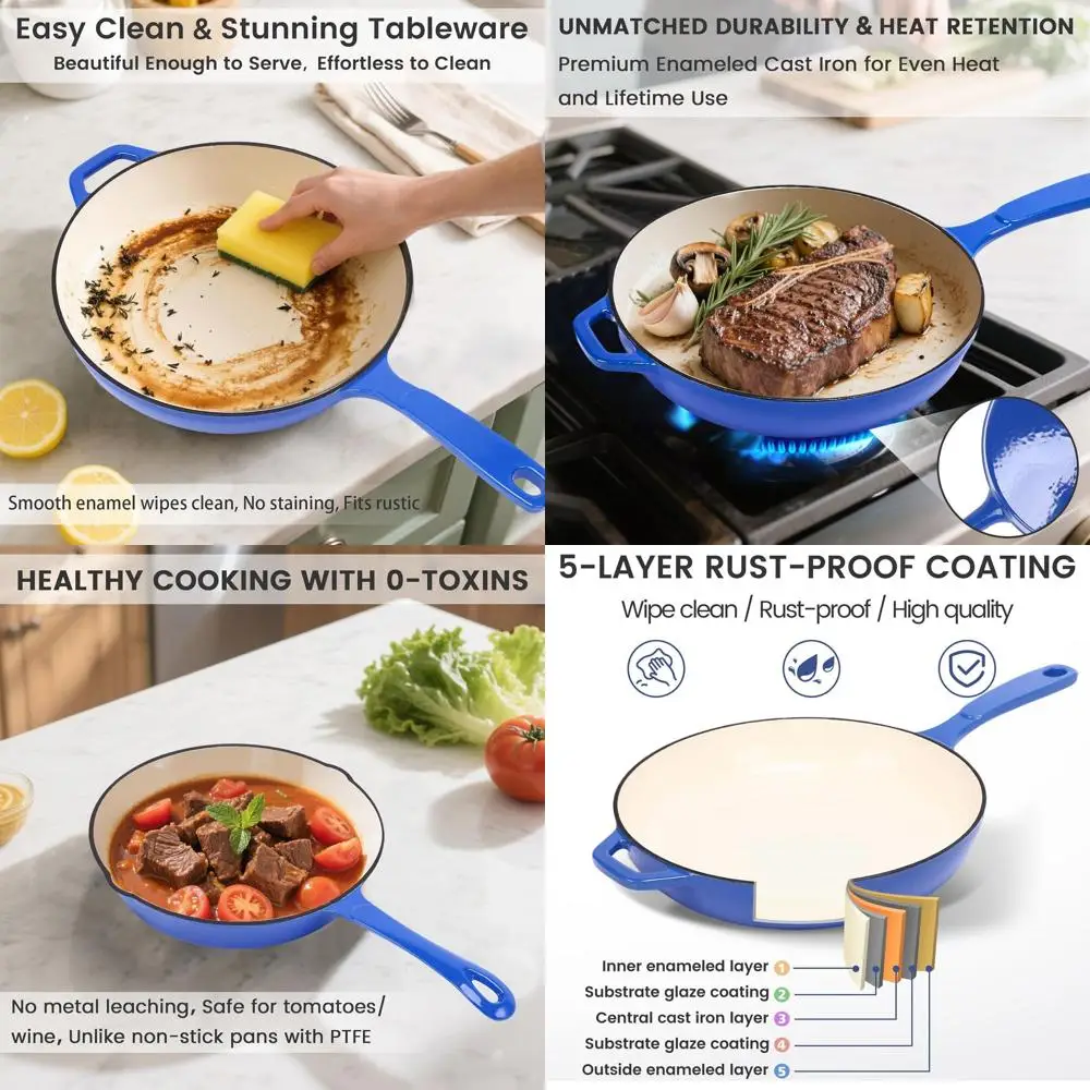 

Ceramic Coated Cast Iron Skillet Set, 3 Sizes, 8/9.5/11 Frying Pans, Oven-Safe, Gas/Induction/Electric Cooktops, PTFE & PFOA Fre