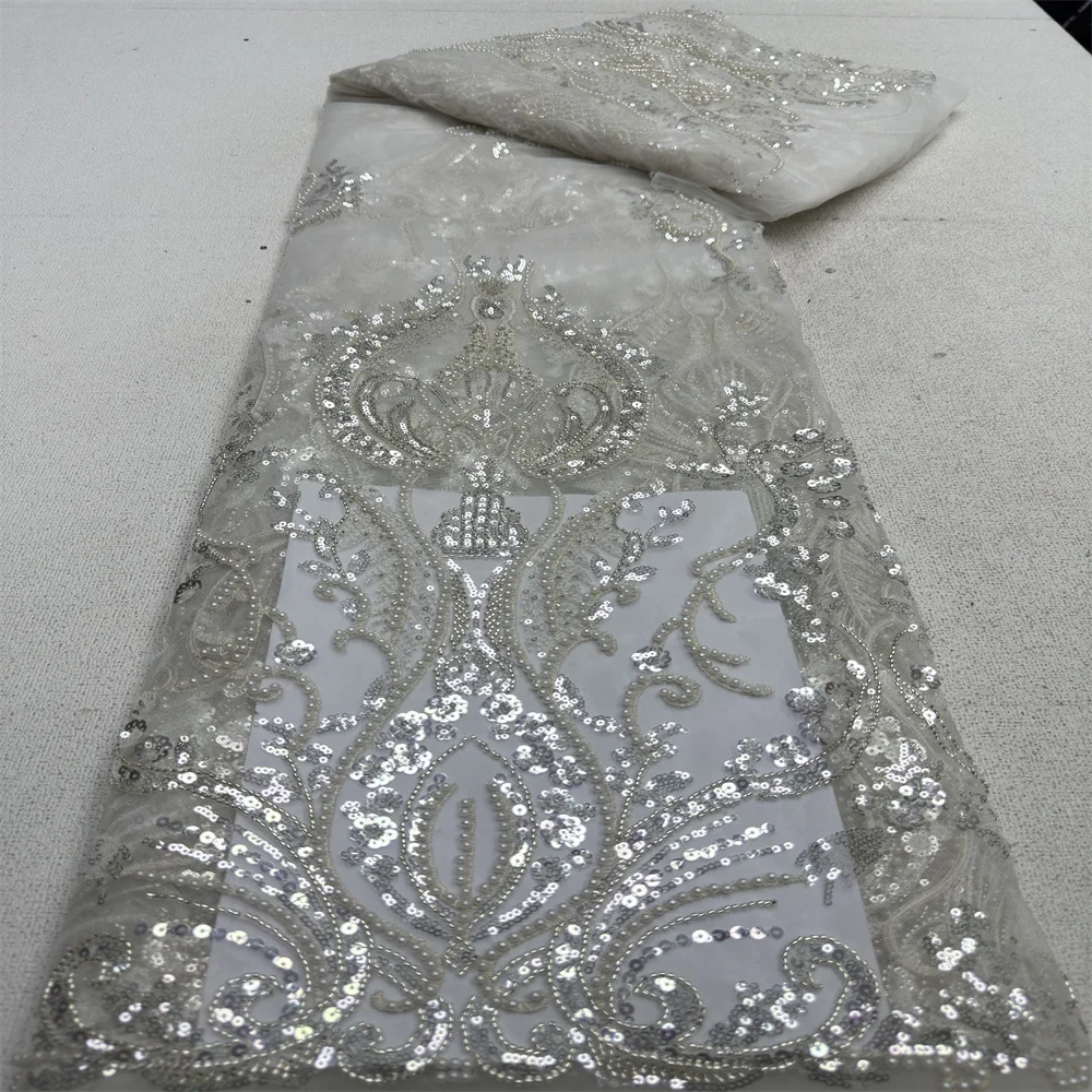 Clearance sale African Sequins Lace Fabric High Quality Handmade Beaded Tulle Lace Material for Wedding Dress