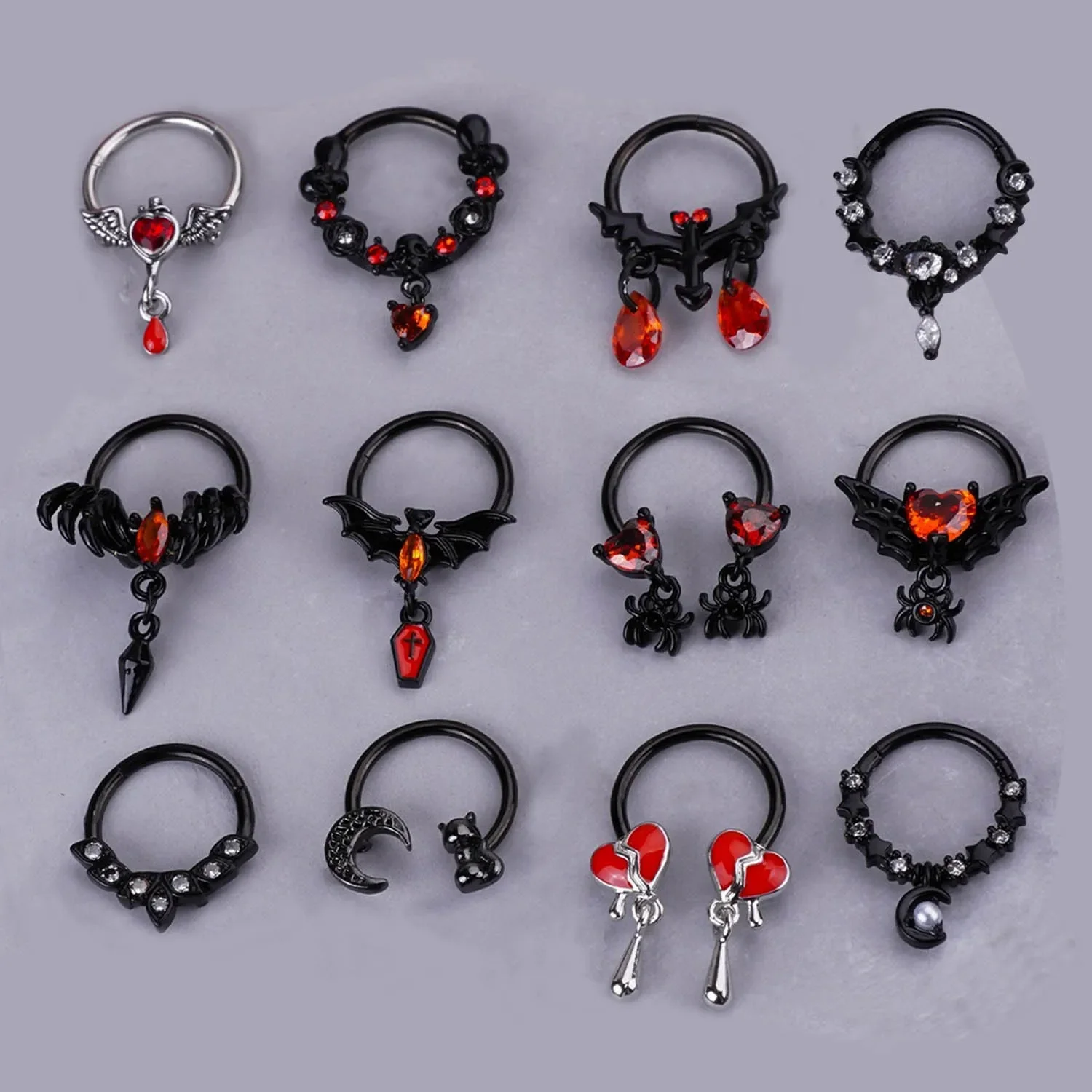 Anillo de nariz de acero inoxidable 316L, negro, 16G, pendiente de tabique de nariz y murciélago, anillo de herradura, anillo cerrado, joyería Piercing