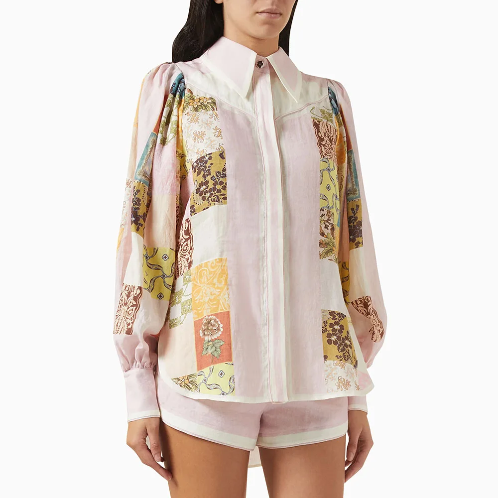 TWOTWINSTYLE, conjuntos de dos piezas con estampado de colores para mujer, solapa, manga larga, retazos, Top de una botonadura, pantalones cortos, conjunto femenino nuevo