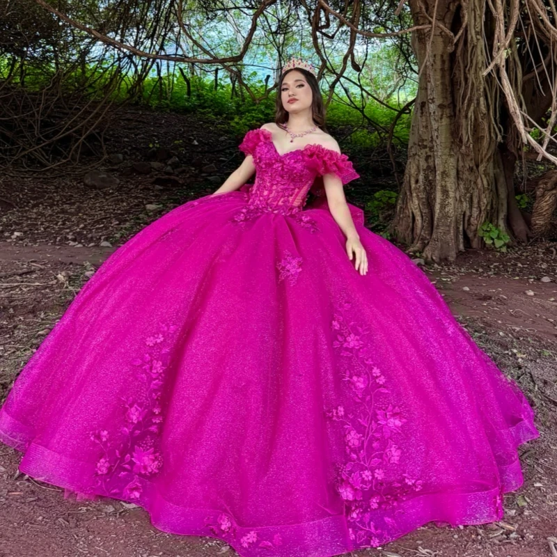 

Розово-красные блестящие платья Quinceanera с открытыми плечами и аппликацией с цветочным бантом, тюлевое бальное платье для вечеринки, дня рождения, Vestidos De 15 Anos Sweet