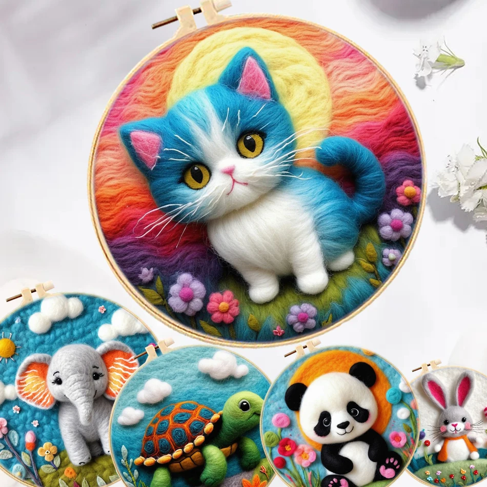 

Набор для фелтинга 20x20 см: Картина из войлока (кролик, кошка). Набор для рукоделия, фетровая живопись, подарок для творчества.