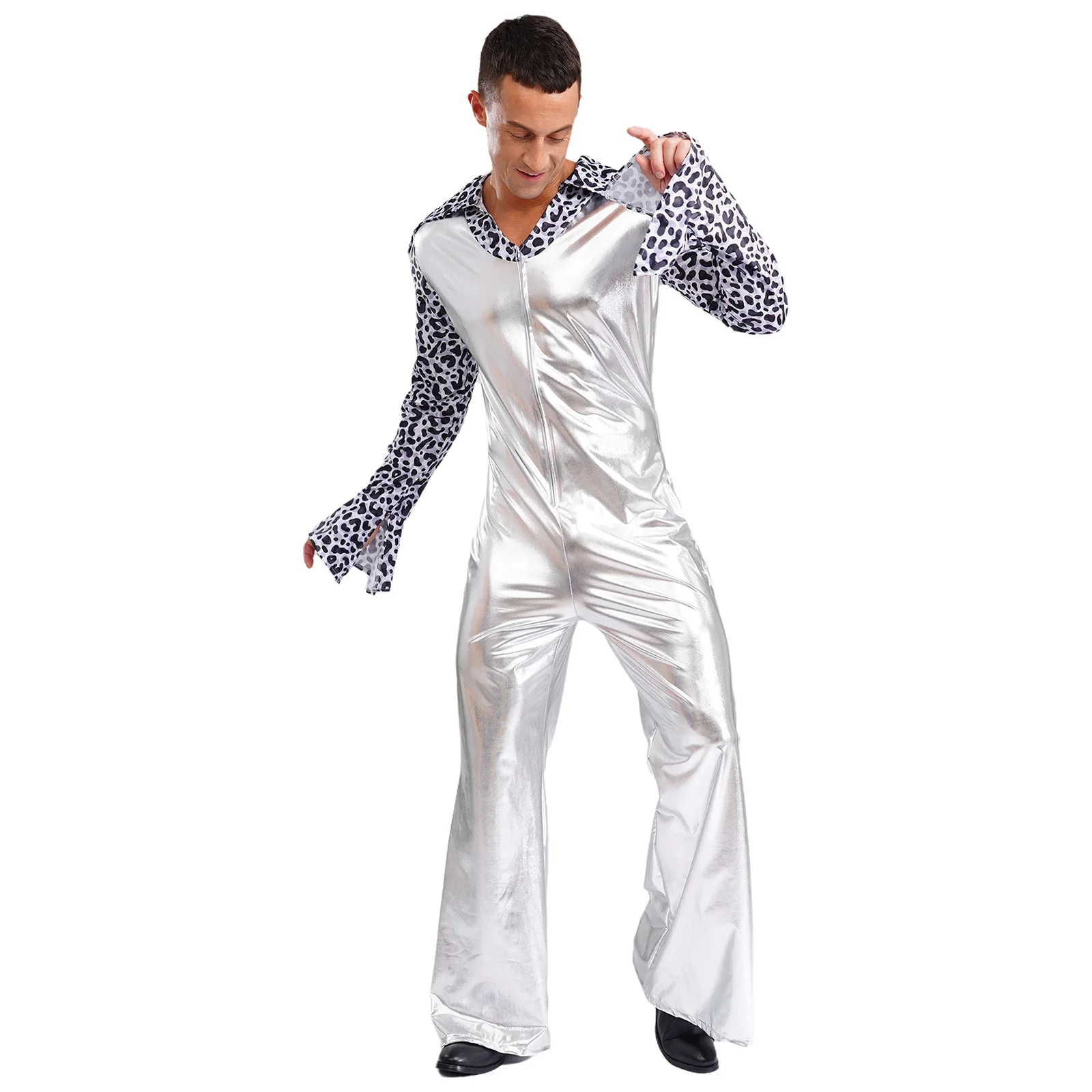 

Men Hippie Dance Rompers Lapel Flare Long Sleeve with Split Cuffs Pants Jumpsuit for Rock Jazz Music Party Performance Outfits