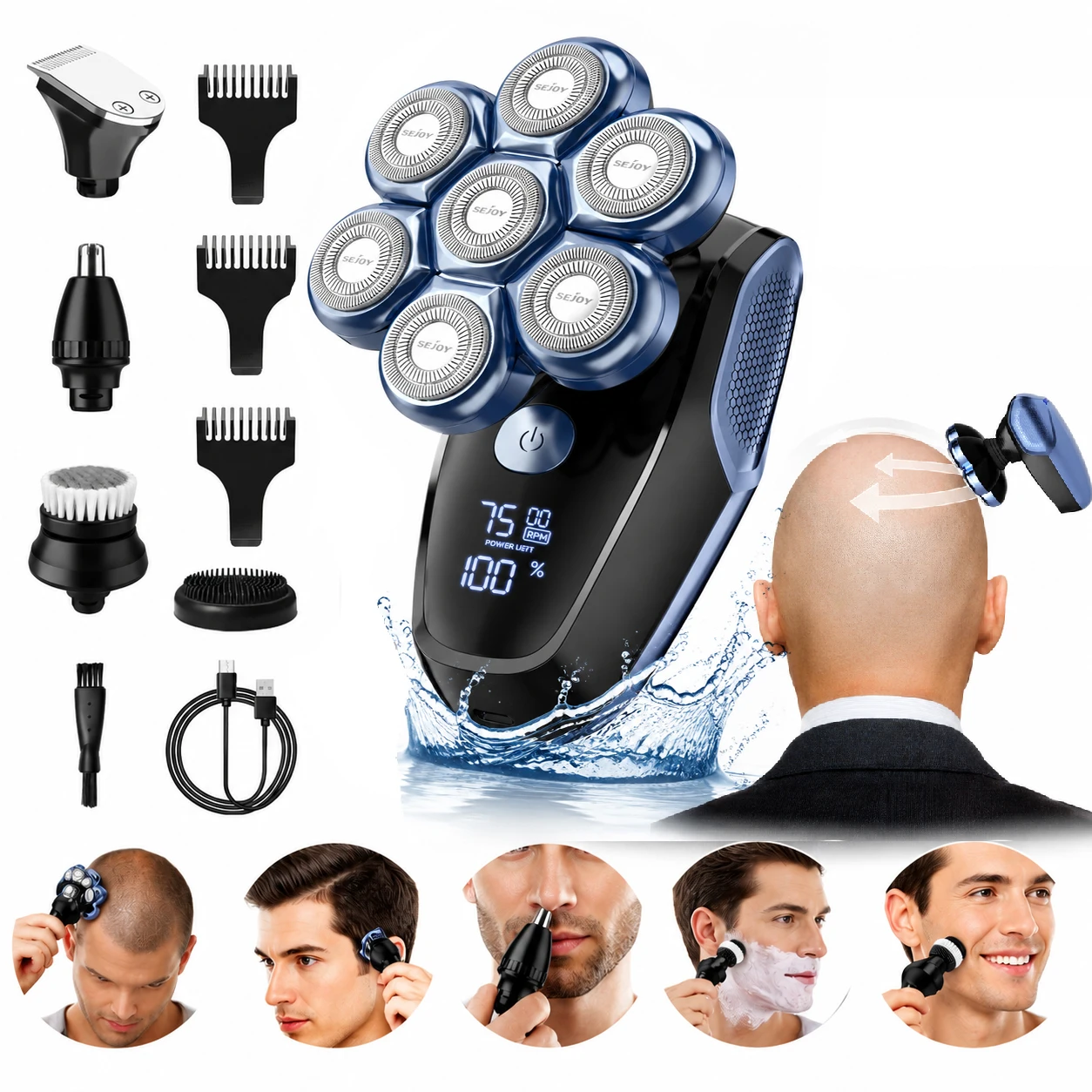 Kopfrasierer für Glatzköpfige Männer 7D Floating 5-in-1 Verbesserter Elektrorasierer, IPX7 Wasserdicht (Nass-/Trockengebrauch), LED-Display & Typ-C Schnellladung; Ideales Geschenk für Vater, Freund