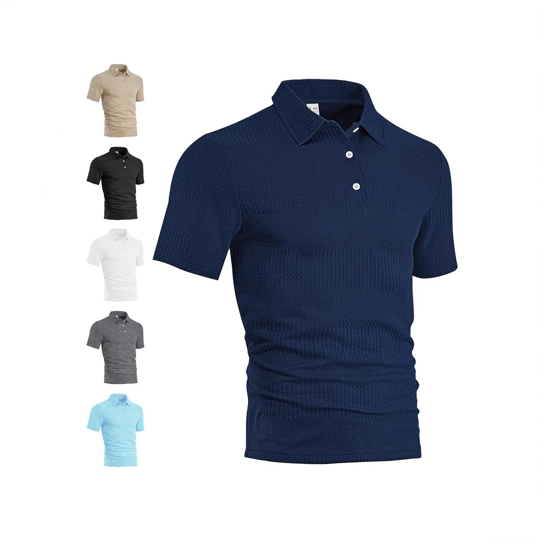 Men's Textured Knit Polo Shirt Short Sleeve Turn‑Down Collar 2‑Button Placket Casual Business Tops