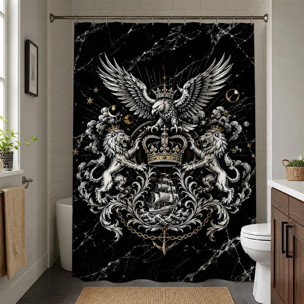 Gothic Black and White Eagle Crest Bathroom Shower Curtain Luxury Victorian Steampunk Art Home Decor