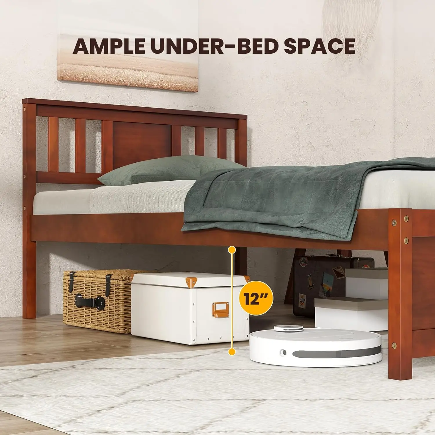 Bingkai kayu Twin Bed dengan Headboard, tempat tidur Platform kayu Solid pertengahan abad dengan penyangga bilah kayu, tempat tidur Panel tunggal, tanpa kotak pegas