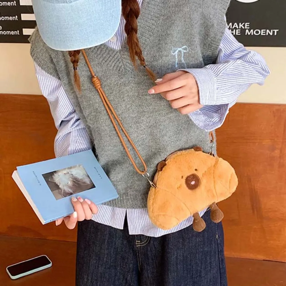 

Cute Bread Capybara Shoulder Bag Lightweight Large Capacity Plush Croissant Crossbody Bag Soft Furry Creative Cartoon Pouch