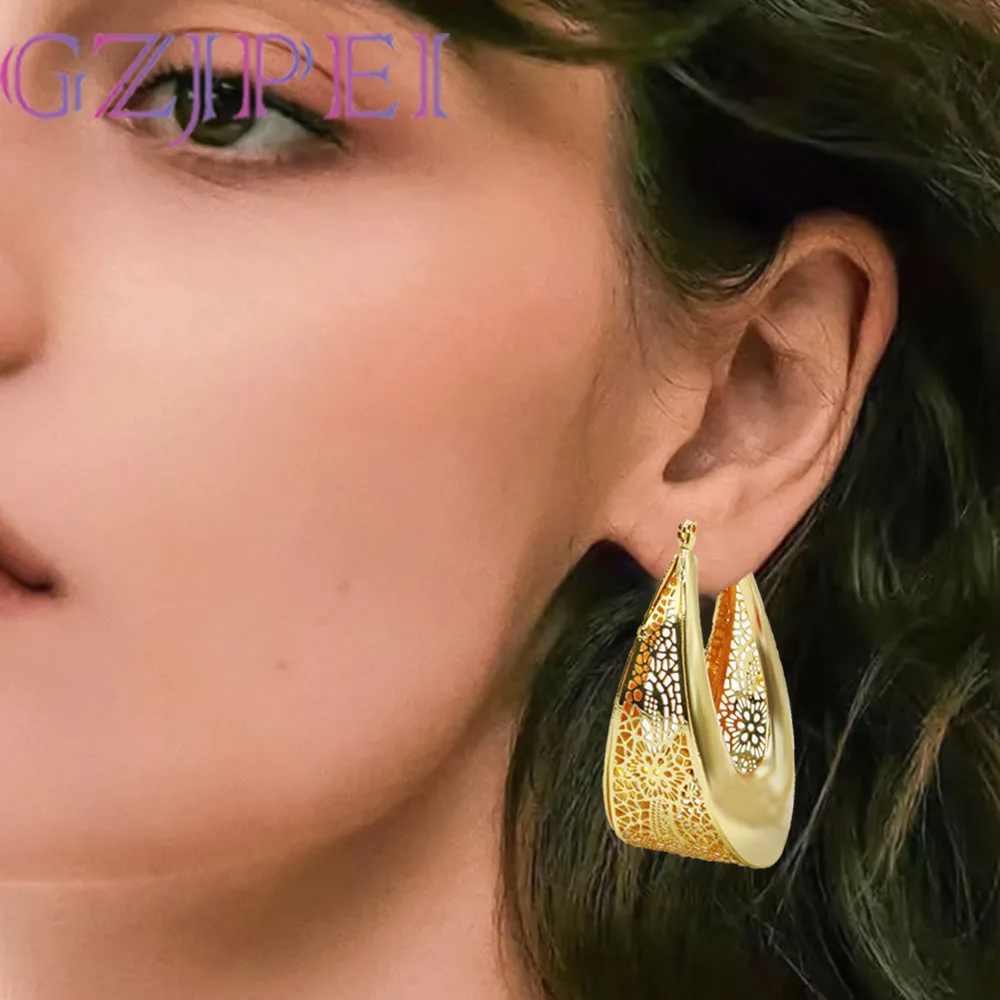 

GZJPEI Africal Gold Color Flower Earrings Fashion Statement Hollow Out Big Drop Earring Europe And America Jewelry Gift 2025 New