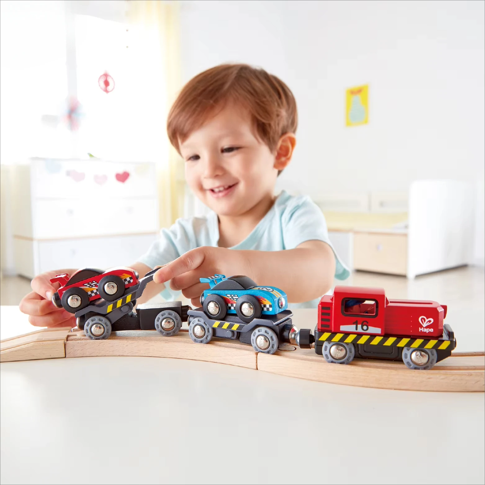 

Hape Race Car Transporter Natural Wood Railway Wooden Toy Train Track Toy Set