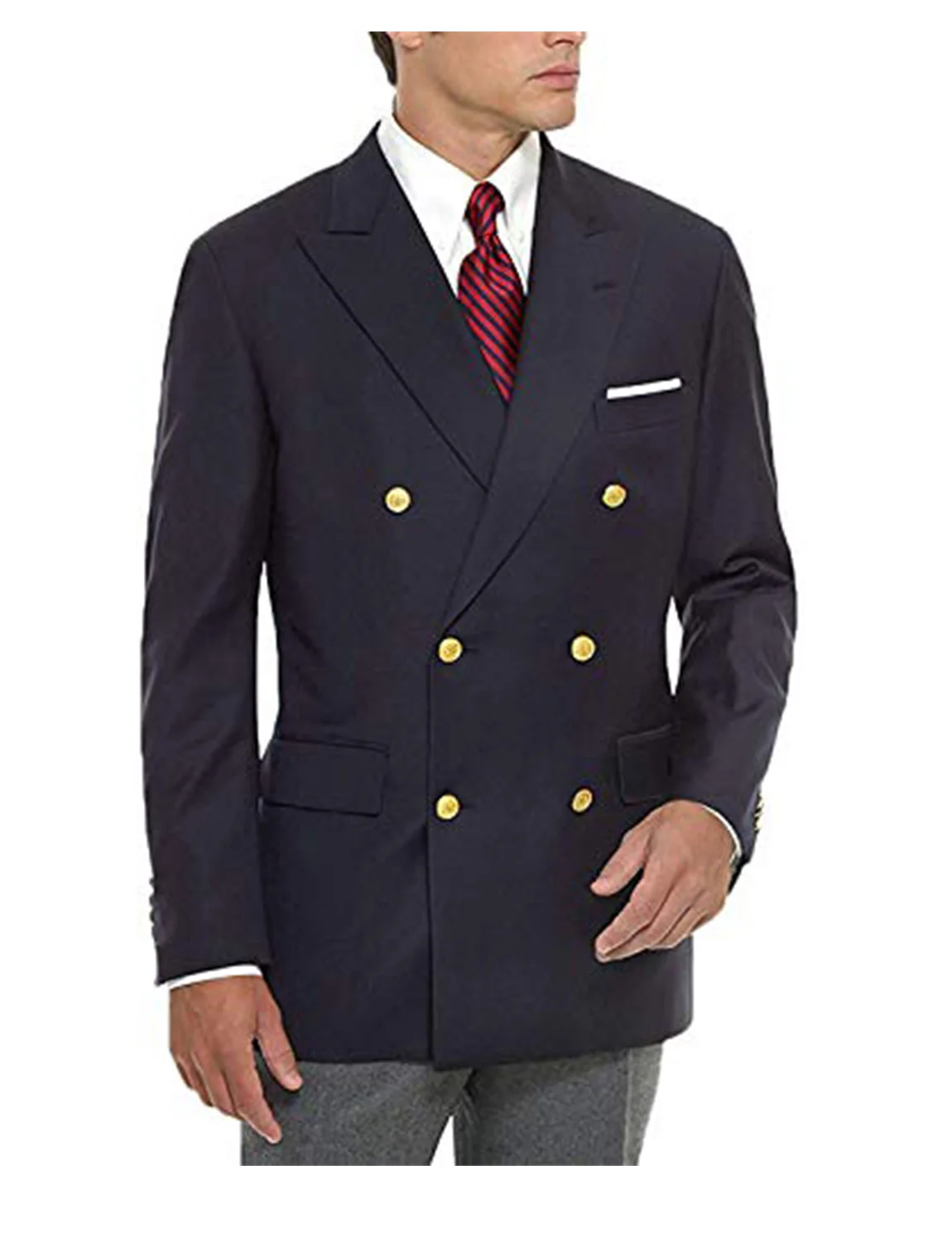 Men Suit Jacket Formal Navy Blue Long Sleeve Double Breasted Closure Business Coat Mid Length Cardigan Work Office Coat