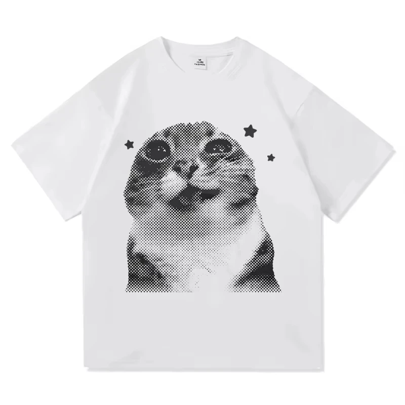Unisex T‑shirt Cute Pet Cat Dog Graphic Tee Crew Neck Short Sleeve Retro Halftone Animal Lovely Heart Star Print Casual Top