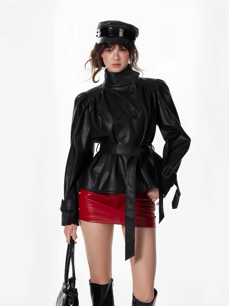 

Solid Spliced Lace Up Elegant Trench Women Stand Neck Long Sleves Patchwork Double Breasted PU Leather Clothing Female Outwear