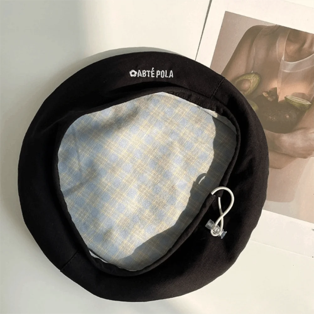Topi Beret Jepang Dua Sisi Motif Kotak-kotak Manis, Topi Beanie Wanita, Topi Pelukis, Topi Segi Delapan Warna Solid untuk Anak Perempuan