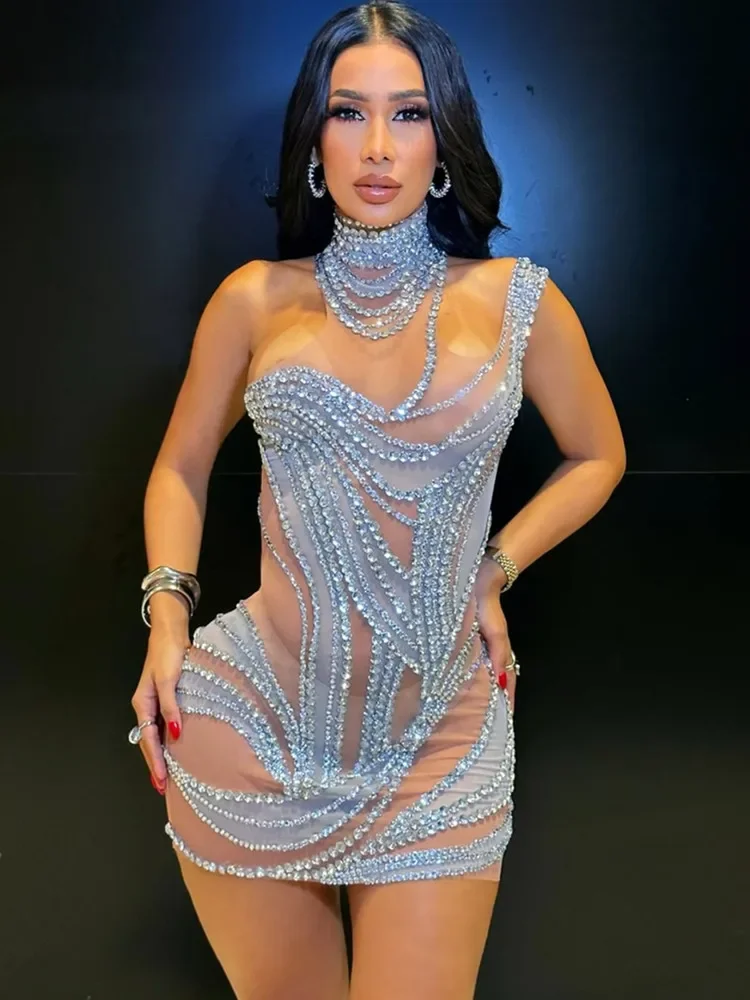 Mini robe sexy à col roulé pour femme, maille de diamants en cristal, costume de fête d'anniversaire, tenue de spectacle sur scène, bar et boîte de nuit, 2025