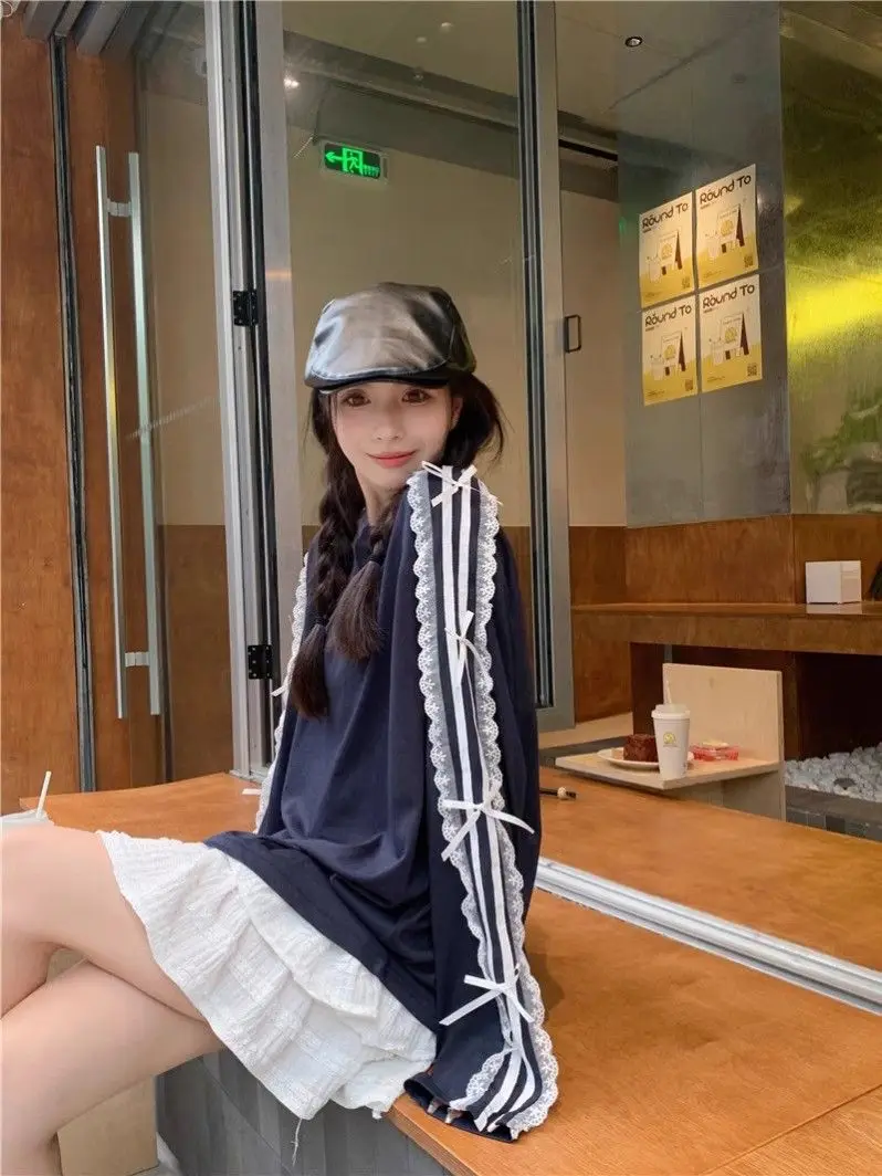 

2024 New Dopamine Medium Length Splicing Bow Long Sleeve Thin Sunscreen Shirt Ins Trendy Lace Stripe Loose T-shirt