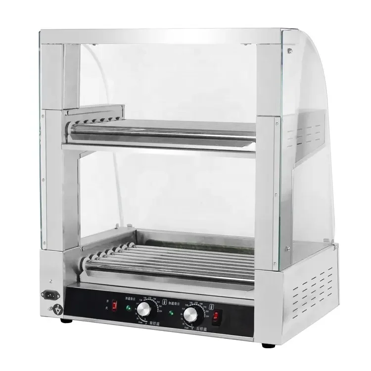 

HOT Hot Sale Home Use 2Layer 14 Rollers Stainless Steel Sausage Roller Grill Machine Hot Dog Roller Machine With Glass Cover