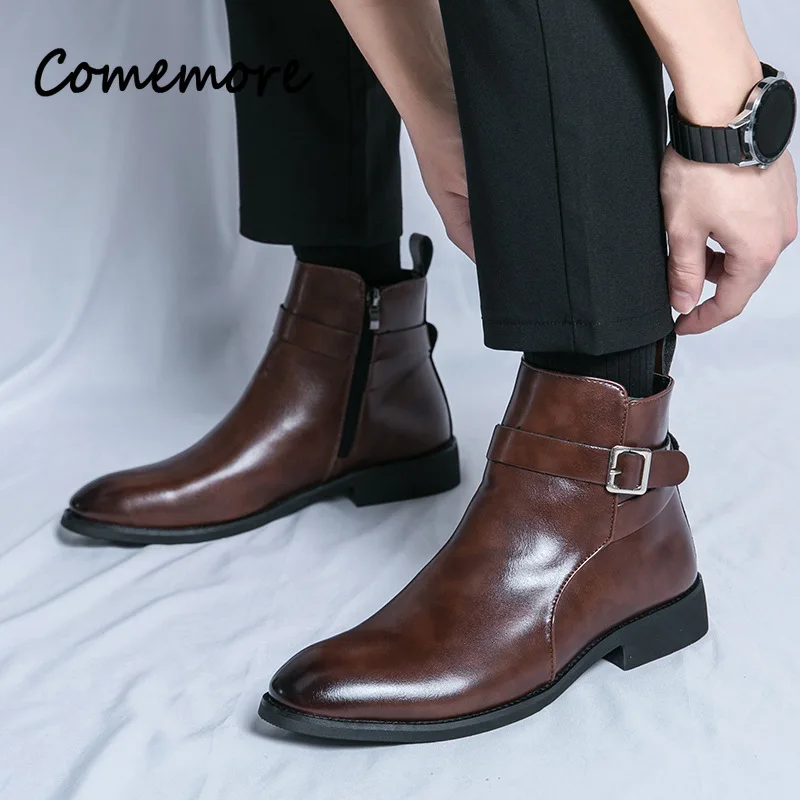Comemore Men Oxford Boots Fashionable Ankle Booties Versatile Party Wedding High-top Leather Shoes Male Trend Zipper Footwears