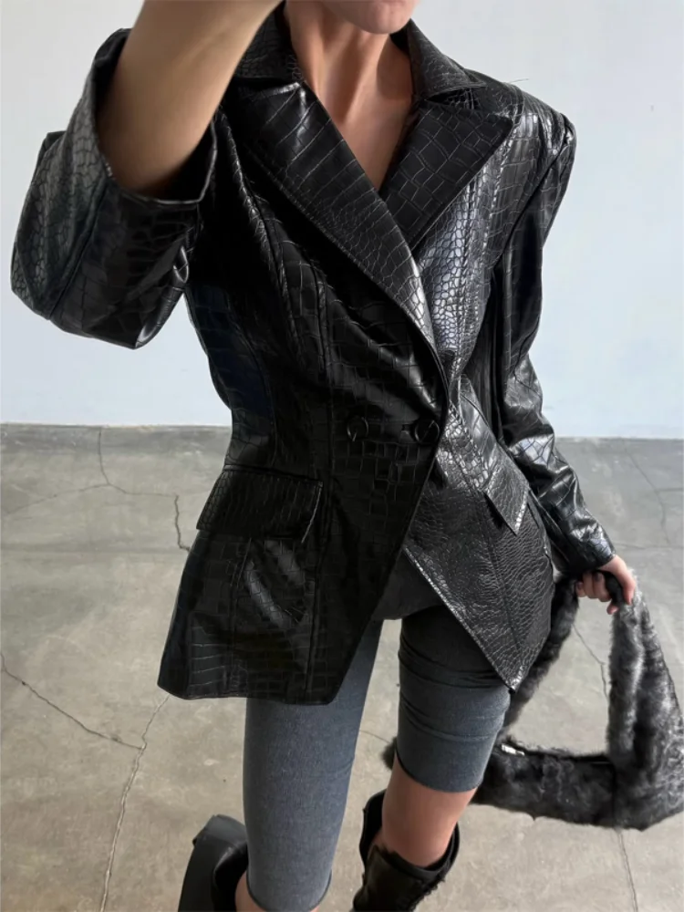 Black Color Women Solid Crocodile Faux Leather Jacket Waist‑cinched Double Breasted Mid‑length Coat Autumn Daily Street Outfit