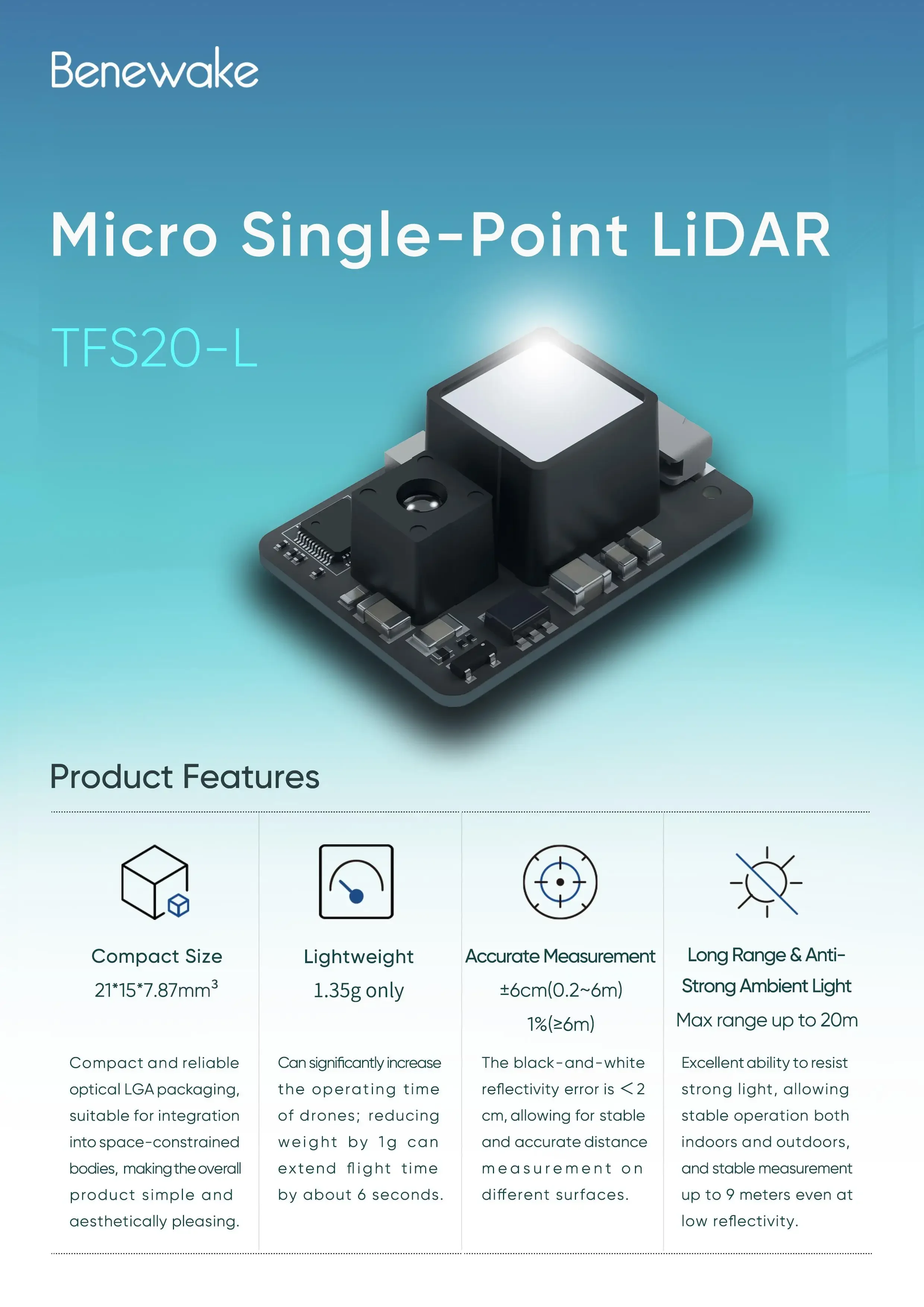 Benewake TFS20-L 20Meters UART IIC I2C Miniature Micro Single Point LiDAR Sensor Module Distance Measurement Module for Drone