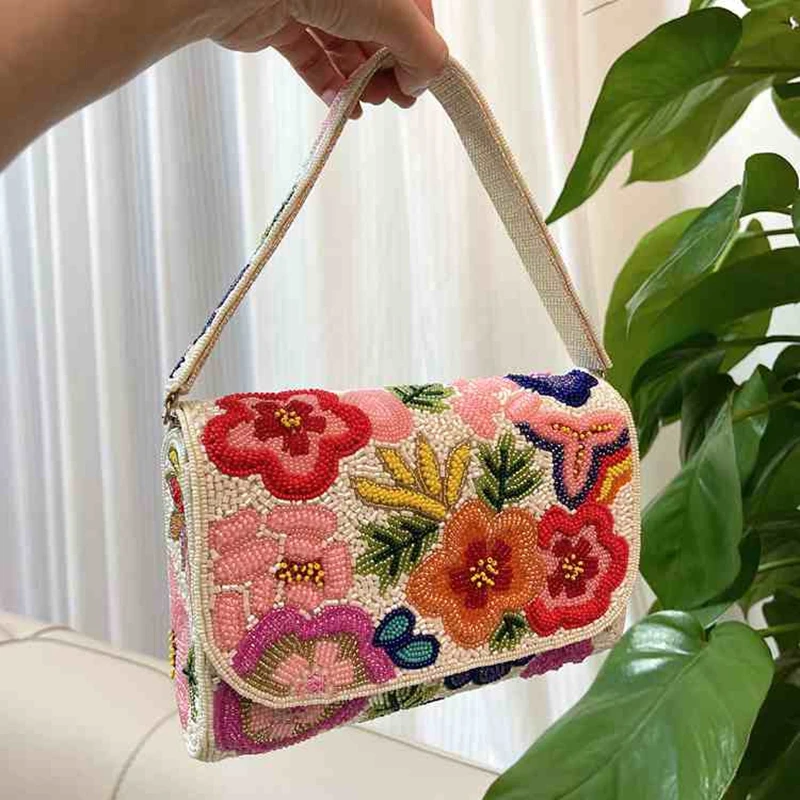 DOYUTIG Brand Indian's Handmade Bead Flower Tote Bag  Embroidery Beads Diagonal Handbag Vintage Party Single Shoulder Bag N021