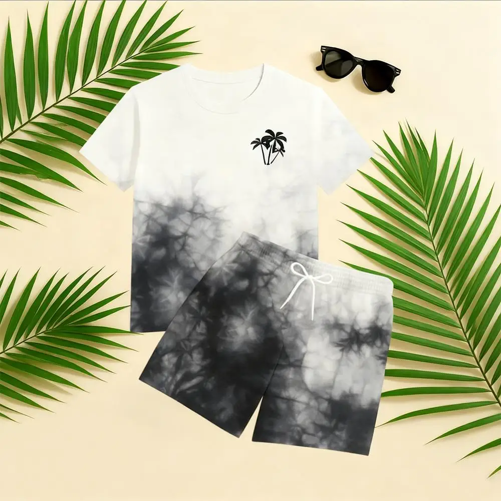 

Tie-dye Print Palm Tree Pattern Men's Short-sleeved Shorts Set Miami Style Shorts T-shirt Hawaiian Seaside Beach Two-Piece Suit