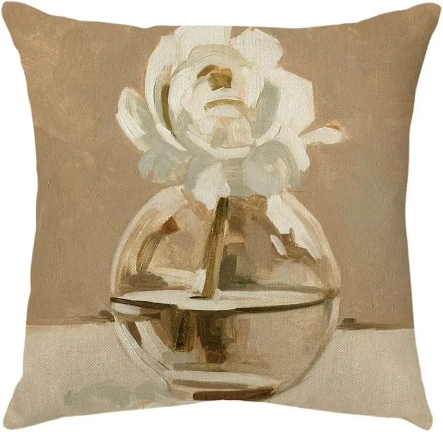 Vase Decoration Pillow Cover White Flowers Print Linen Pillowcase Square Seat Cover Home Sofa Farmhouse Cover