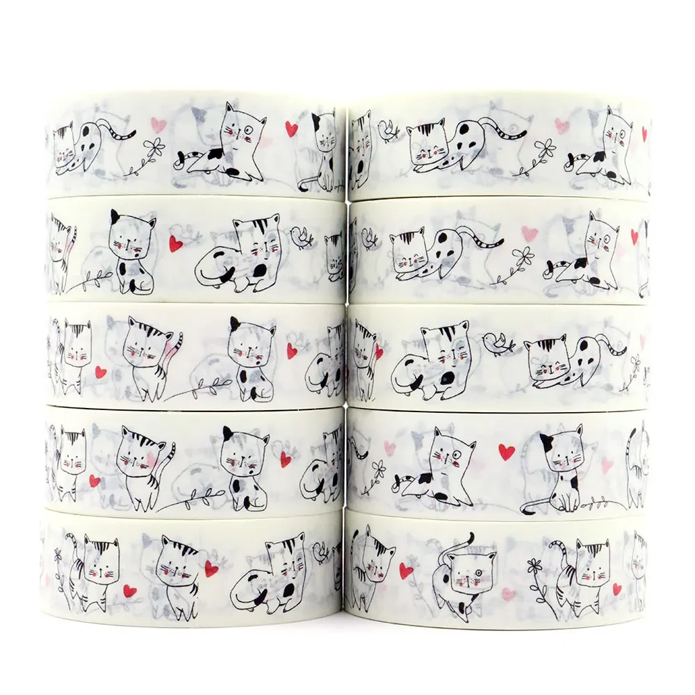 10PCS 15mm x 10m Cute Cats with Hearts Washi Tape for Scrapbooking Craft Masking Tape Stationery  DIY  Sticker Office supplies