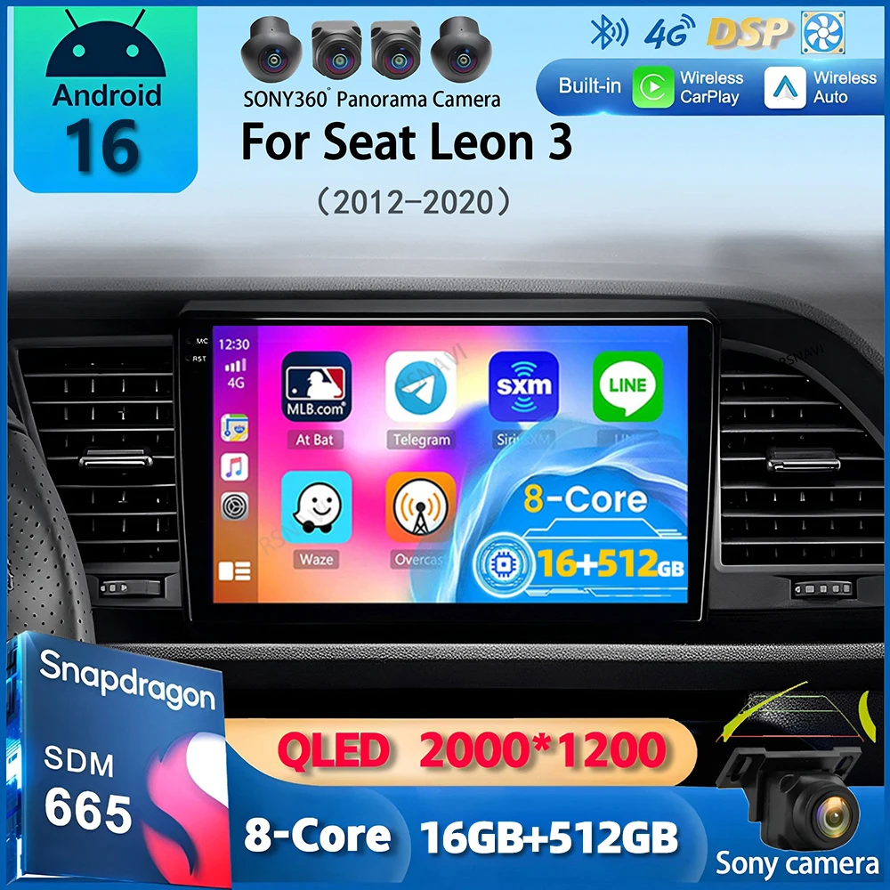 Автомагнитола Android 16 Carplay для Seat Leon 3 2012-2020, навигационный мультимедийный плеер, GPS, Wi-Fi+4G, стерео, без 2DIN, Bluetooth