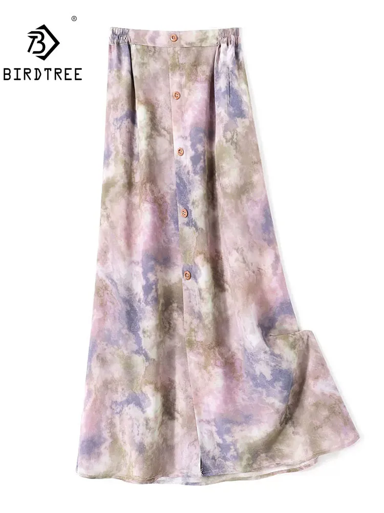 BirdTree-Silk Double Crepe Elegant Skirts, Elastic Waist Printed, Women French Commute A-line Skirt, 2026 Autumn New B68293CC