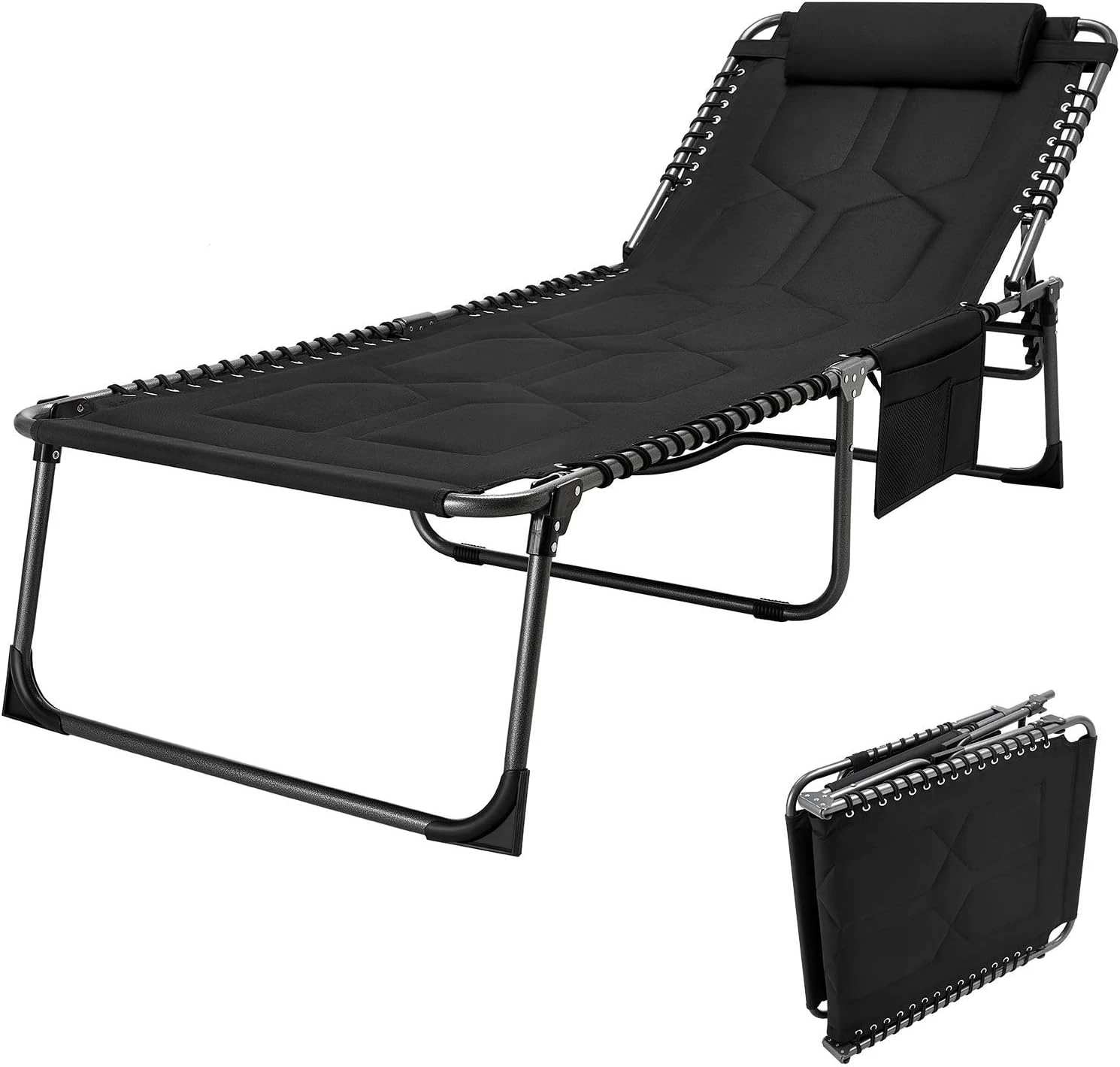 

Padded Folding Chaise Lounge Chair for Outdoor, Lay Flat Heavy-Duty Adjustable Reclining Chairs with Pillow, Support 330lb