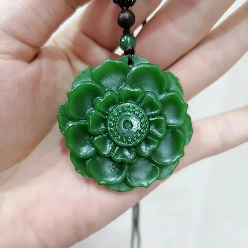 

Natural Green Chinese Jade Flower Pendant Beads Necklace Fashion Charm Jadeite Jewelry Carved Amulet Gifts for Women Men