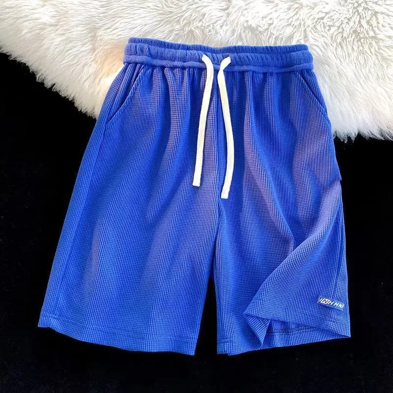 Waffler Fashion Korean Street Leisure Men Summer Loose Straight Cylinder Labeling Motion Solid Color Casual Preppy Style Shorts