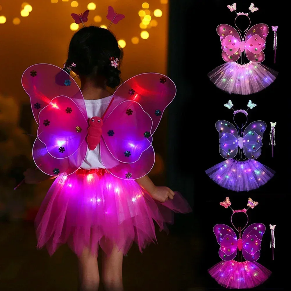 LED Children Costume Props Girls Skirts Angel Luminous Wings Flashing Butterfly Skirt Lights Suit 2-8year Easter Valentines Day