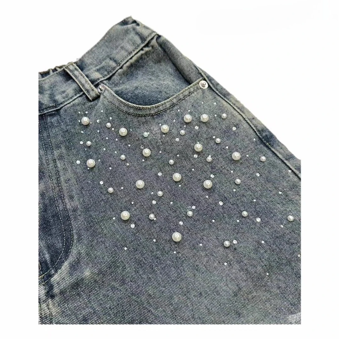 Korean Fashion Heavy Industry Hot Drilled Pearl Denim Shorts Vintage Washed Distressed Unisex Trendy Slim Fit Five-Point Shorts
