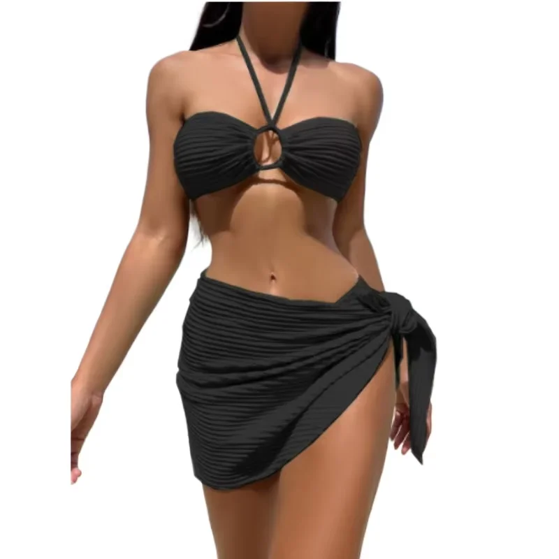 

Новый однотонный раздельный купальник 2025 года: женский комплект бикини из трех предметов для пляжа и отдыха в горячих источниках