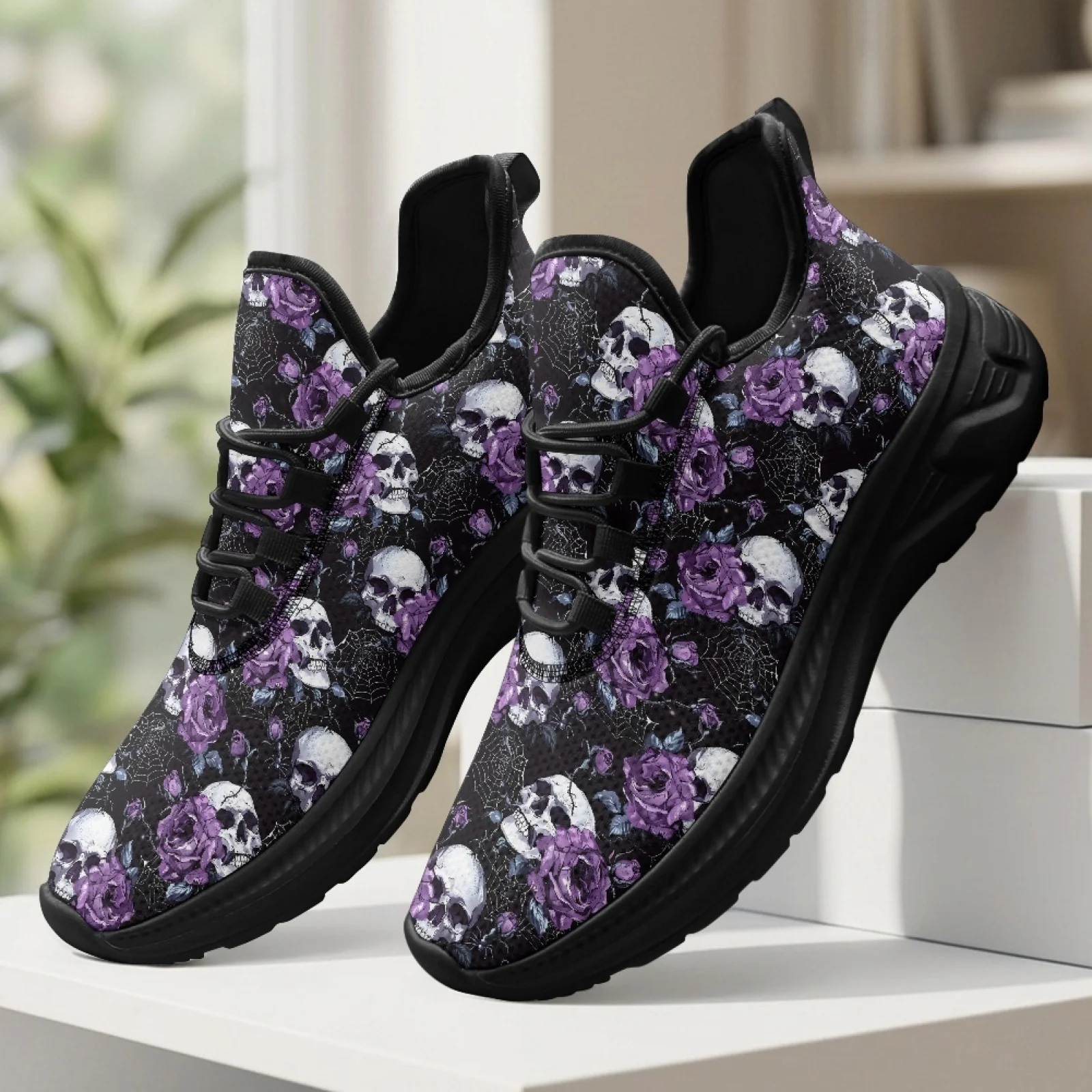 PENSTROLL Mesh & EVA Cushioned Athletic Shoes Breathable Running Sneakers for Men Work Purple Rose Skull