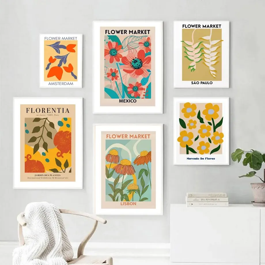 Colorful Abstract Flower Market Botanical Retro Posters Wall Art Canvas Painting Wall Pictures for Living Room Decor