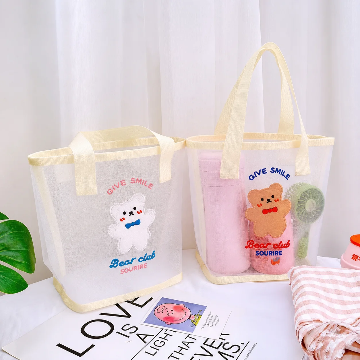 Large Capacity Tote Breathable Girly Bag Bear Embroidered Tote Waterproof Mesh Shopping Bag For Commuting Multiple Styles Daily