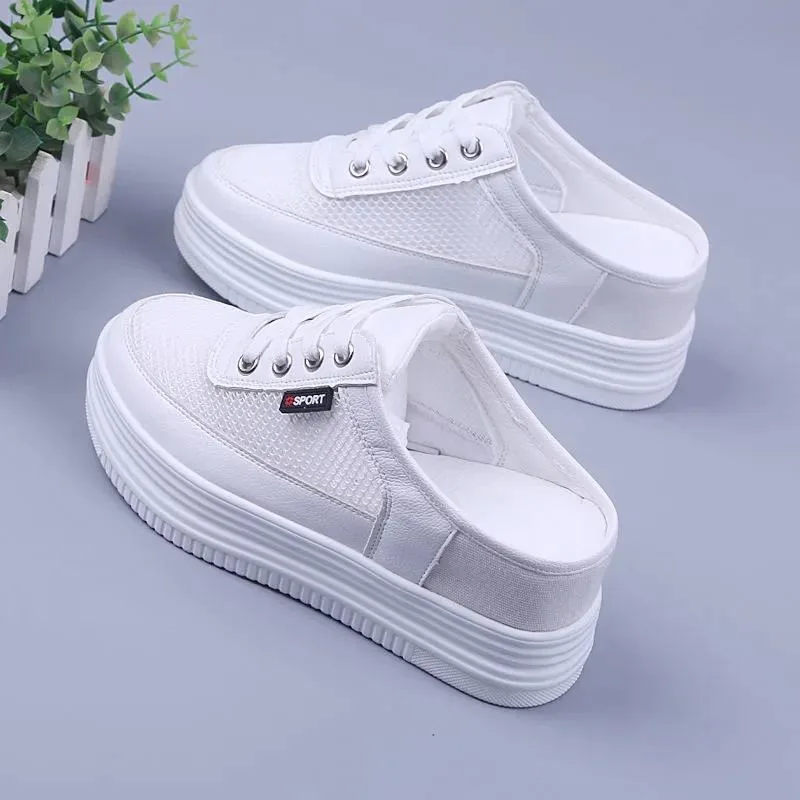 2024 Summer Women's Half Slippers Platform Mesh Casual Shoes Hollowed  Breathable Walking Flats White Comfortable Leisure Shoes