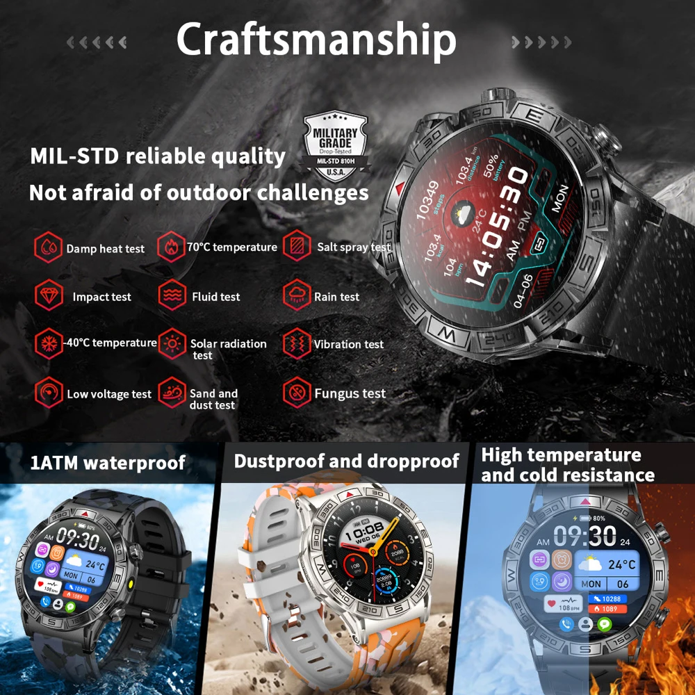 مكالمات بلوتوث ساعة ذكية مصباح يدوي مقاوم للماء Smartwatch الرجال البوصلة مراقبة الصحة 1.43 'شاشة البوصلة الرياضة اللياقة البدنية