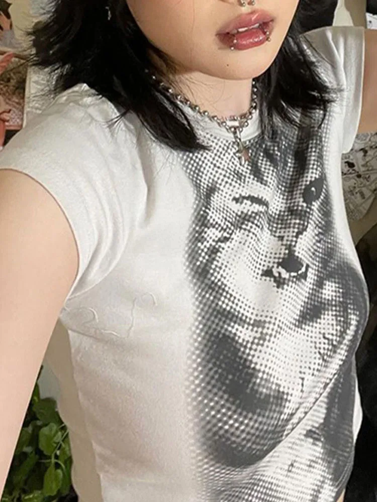 Harajuku الحيوان طباعة المحاصيل الأعلى الأساسية الأبيض قصيرة الأكمام Crewneck تي شيرت المرأة عادية سليم المناسب تيز سيدة y2k خمر