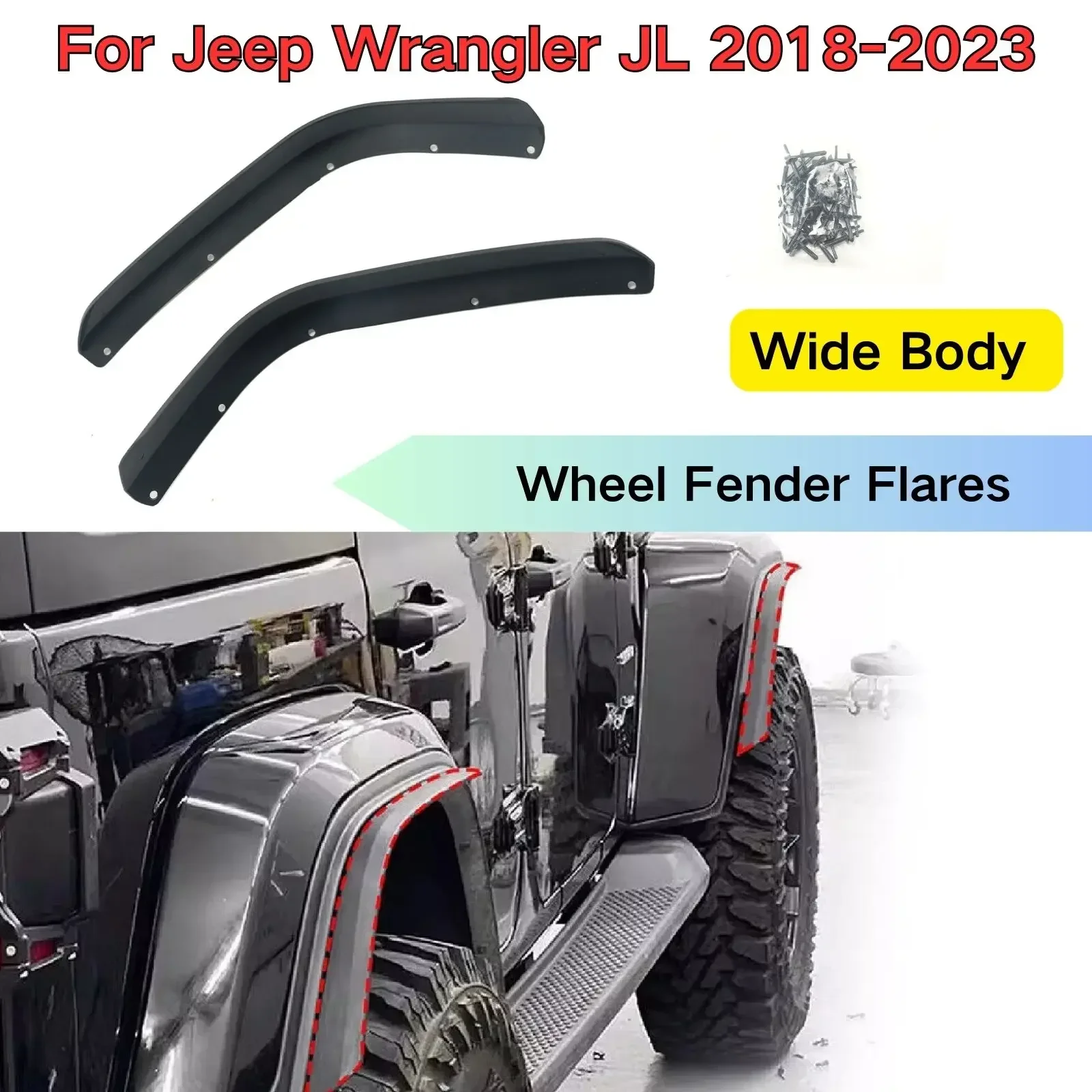 

For Jeep Wrangler JL 2018-2023 Wheel Fender Flares Extensions Strips Trim 4PCS 1Set Wide Body Front Rear Mudguard High Low