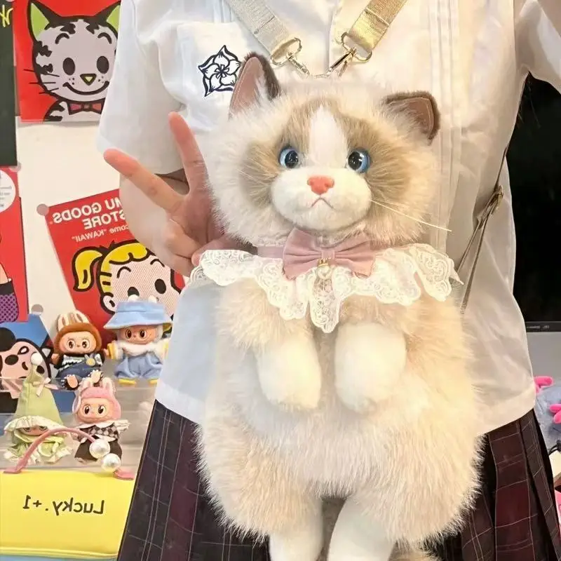 Realistic Ragdoll Cat Plush Backpack Cute Kawaii Anime Stuffed Toy Soft Birthday Gift for Girls Women Friends BFF Collectible