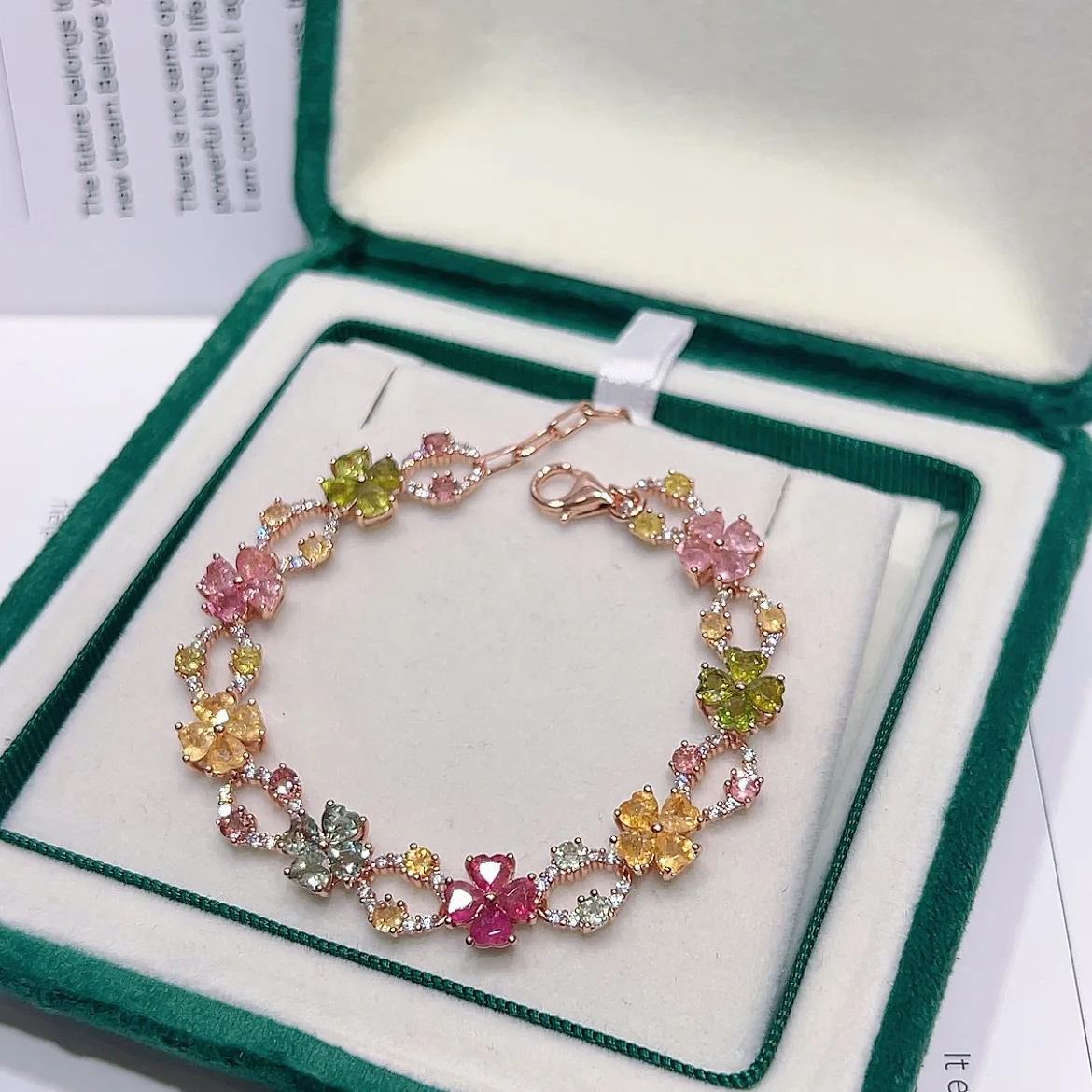 S925 Sterling Silver Rose Gold Plated Natural Multi Color Tourmaline Bracelet Hollow Clover Flower Crystal Inlaid Daily Jewelry