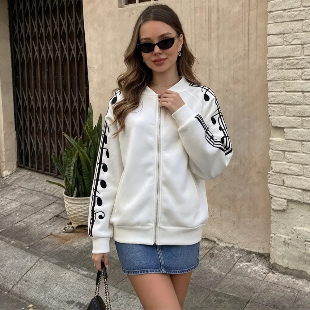 Unisex Music Note Print Zip Up Jacket, White Crew Neck Long Sleeve Loose Casual Streetwear Sweatshirt Coat Autumn Winter
