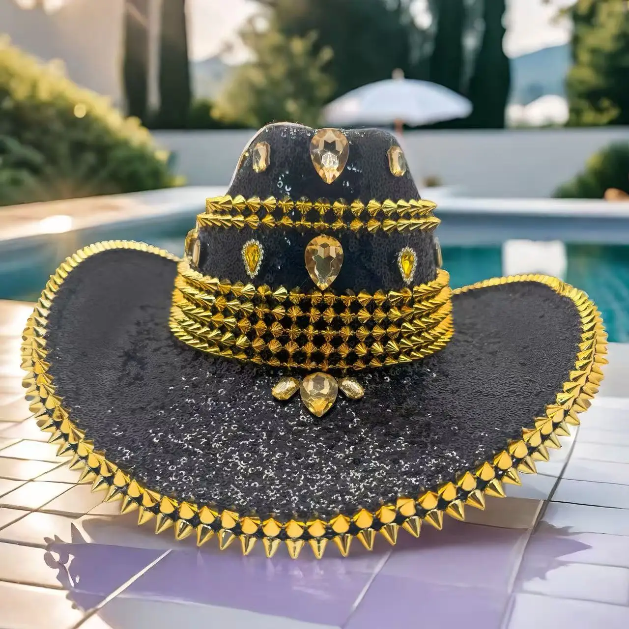 HongLuan Black Sequin Glitter Costume Hat & Cowboy Hats Rhinestone for Woman, Cowboy Cosplay Female Accessories & Cowgirl Cap