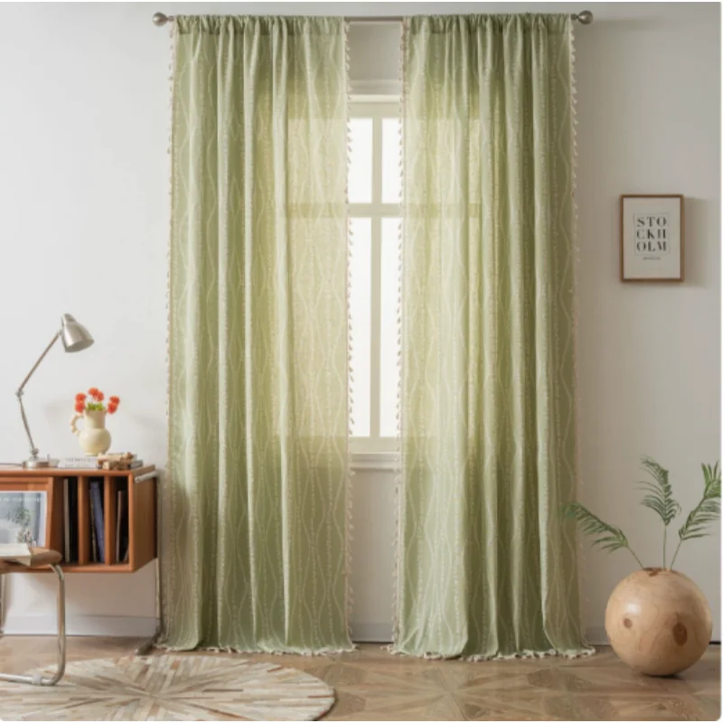 Bohemian Tassel Curtain Light Filtering Geometric Wave Print Window Drapes Farmhouse Style Curtains for Kitchen/Bedroom