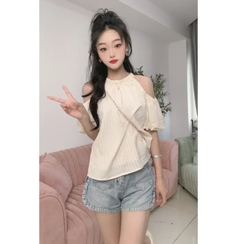 

Summer New Off Shoulder Loose Youth Shirt Tops Short Sleeve Solid Color Loose Simplicity Blouse Sweet Fashion Women Clothing